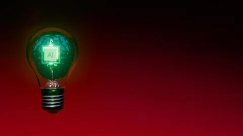 AI processor chip embedded in digital brain inside glowing light bulb Foto stock