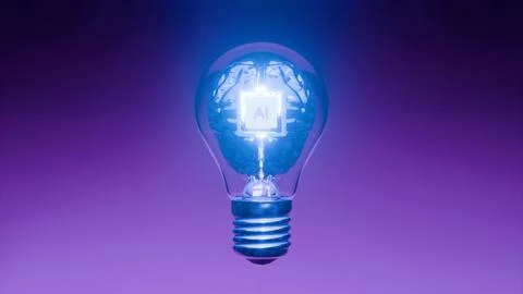AI processor chip embedded in digital brain inside glowing light bulb 写真素材