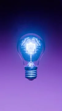 AI processor chip embedded in digital brain inside glowing light bulb 写真素材