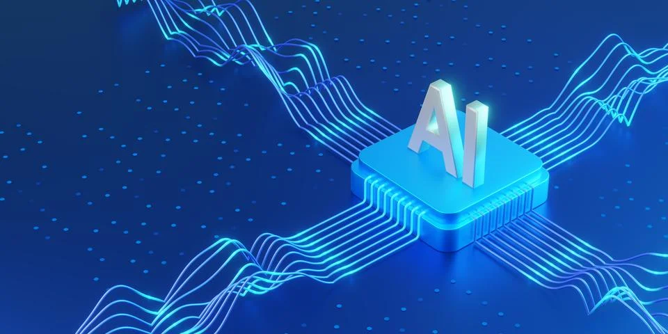 AI Processor Chip with Flowing Data Circuit Lines イラスト素材