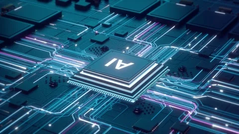 AI Processor Chip on Futuristic Circuit Board with Glowing Data Transfer 库存影片 344240287