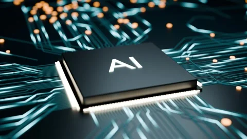 AI processor chip glowing on circuit board seamless loop Stock Footage 347719888