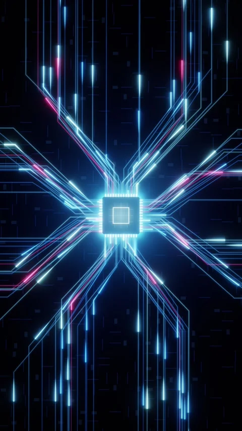 AI processor chip with glowing circuit board traces, vertical Stock Footage 348219963