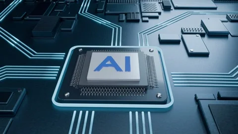 AI processor chip on glowing circuit board, camera push in and arc Stock Footage 348223585
