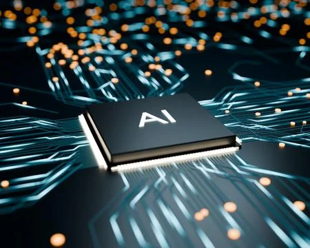 AI processor chip glowing on circuit board close-up Stock Illustration