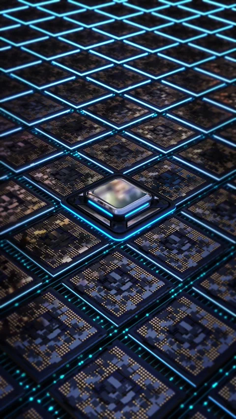 AI Processor Chip Grid with Futuristic Semiconductor Circuit Network Video stock 342626644