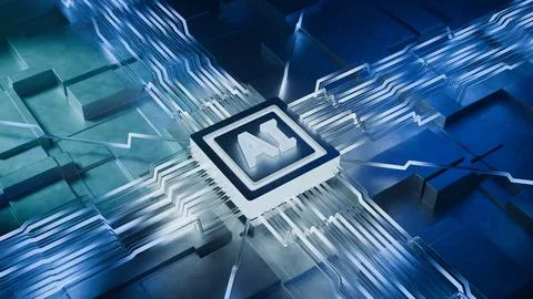 AI processor chip powering advanced technology. Ilustración de archivo