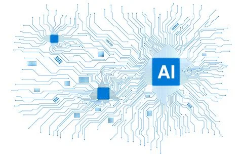 AI Processor Circuit Board Blue Vector Illustration on White Background Illustrazione stock