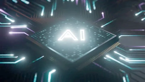 AI processor on a circuit board in a seamless loop 3D render Stock Footage 348322118