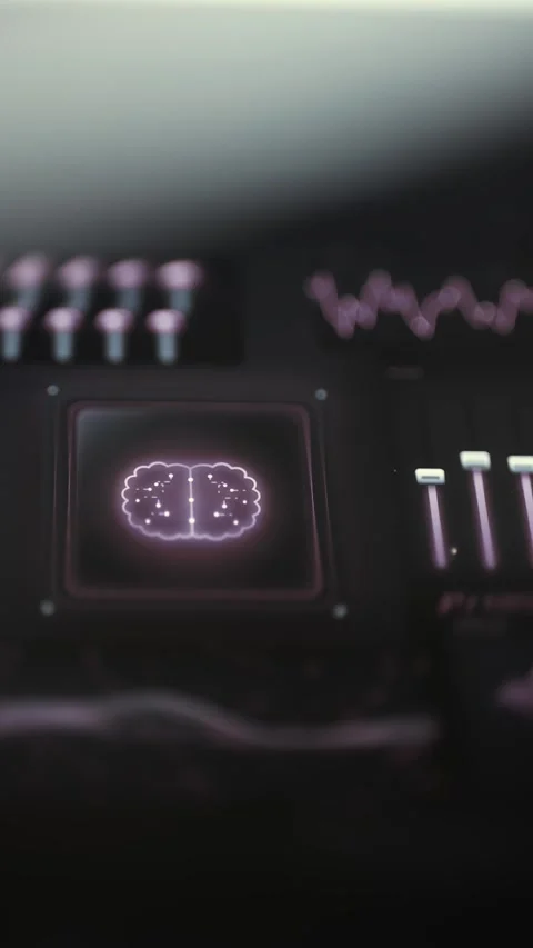 AI Processor Dashboard with Pink Brain Symbol Stock Footage 341866883