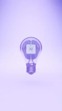 AI processor embedded in translucent brain inside light bulb on pastel purp.. 스톡 사진