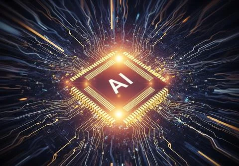 AI Processor with Glowing Circuits Artificial Intelligence Chip on Dark Bac.. Stock Illustration