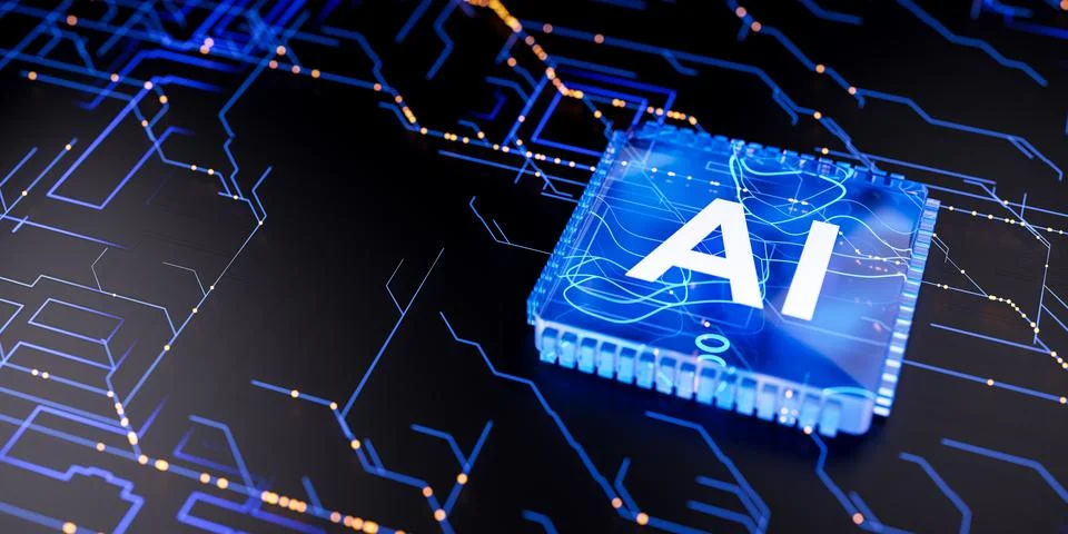 AI processor on glowing digital circuit, artificial intelligence microchip,.. Stock Photos