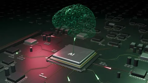 AI Processor with Glowing Green Brain and Animated Circuit Signals Stock Footage 348527823