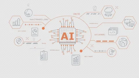 AI processor icon at the center of a data processing infographic 動画素材 342192885