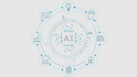 AI processor icon encircled by information technology symbols Stock Footage 340942378
