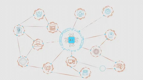 AI processor icon integrated with a network of digital technology icons Stock Footage 325207756