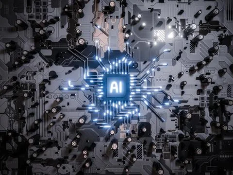 AI processor on the mainboard of an electronic component. Concept of device.. Stock Illustration