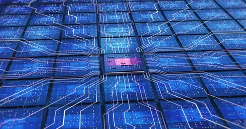 AI Processor Processing Data. CPU Chip Circuit. Data Flowing. Stock Footage 149896410
