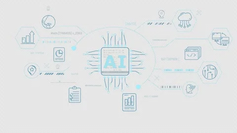 AI processor surrounded by infographics of data processing Stock Footage 325210824