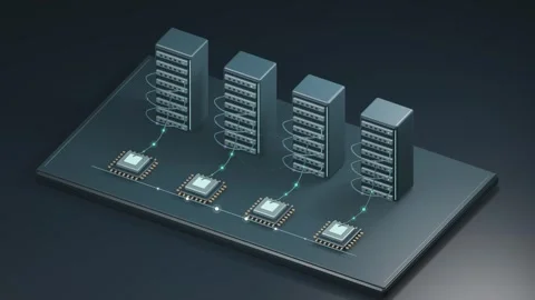 AI processors and server racks with flowing data connections Stock Footage 346168539