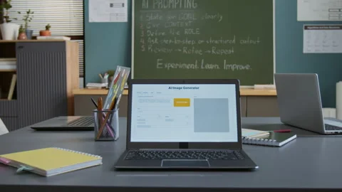 AI Program Creating Colorful Image on Laptop Screen in Classroom Stock Footage 318713900