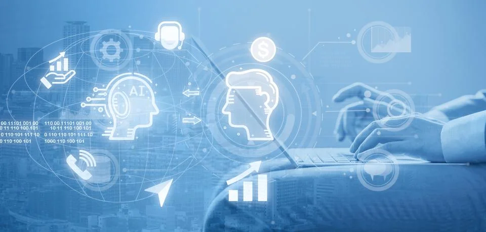 AI Programmer with laptop computer overlay ai connect with human infographi.. Foto stock