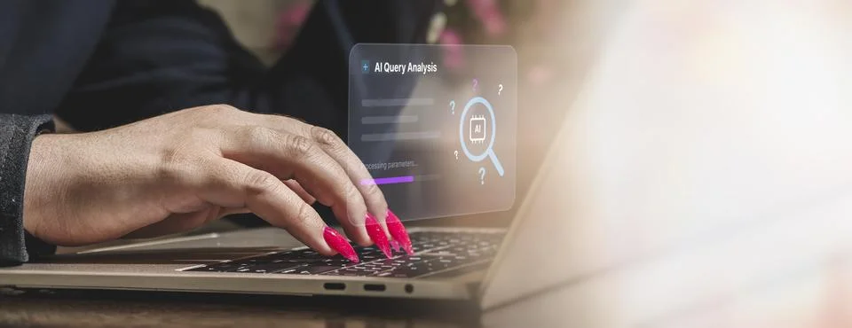 AI prompt engineering and data analysis concept. Female hands on laptop key.. Stock Photos