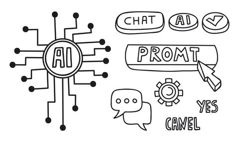 AI Prompt Interface Doodle Set. Circuit Chip, Chat Bubble, Gear, Yes Cancel.. Stock Illustration