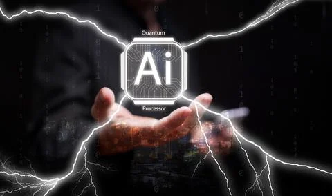 AI quantum processor chip. Man with smartphone holds chip glowing with elec.. Stock Photos