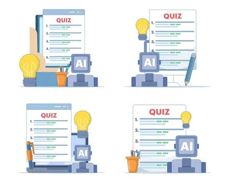 AI question answering set, artificial intelligence assistant, robot support. Stock Illustration