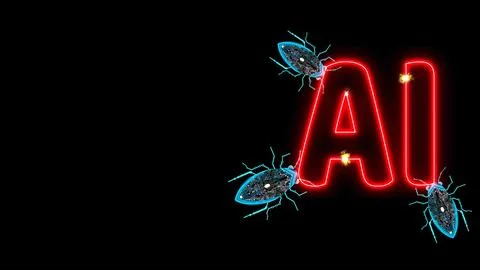 AI in red neon lights, surrounded by blue, illuminated bugs on a black back.. Stock Illustration