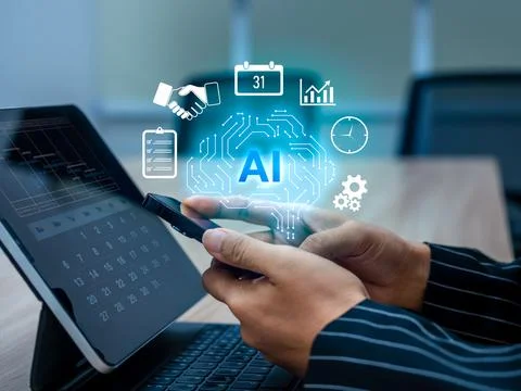 AI reminder concept with digital brain icon on smartphone screen, artificia.. Stock Photos