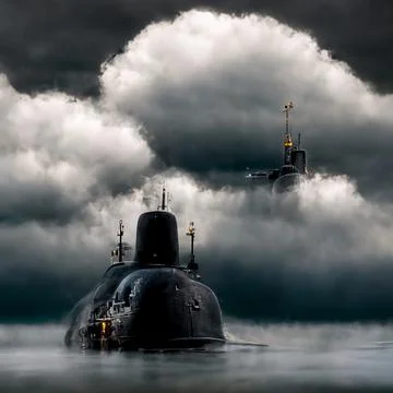 AI render of the submarine in the sky with clouds Stock Illustration