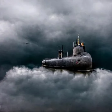 AI render of the submarine in the sky with clouds Stock Illustration