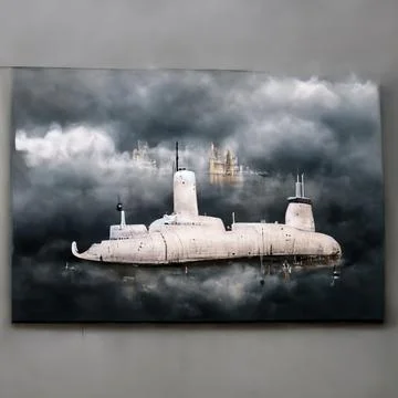 AI render of the submarine in the sky with clouds Stock Illustration
