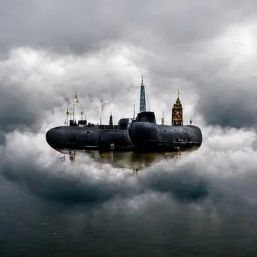 AI render of the submarine in the sky with clouds Stock Illustration