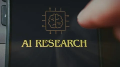 AI Research themed graphic presentation viewed on smartphone Stock Footage 289095896