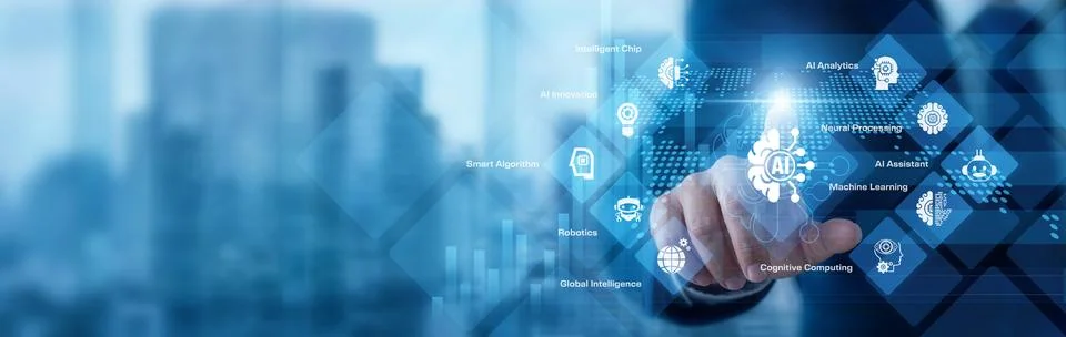 AI researcher analyzing digital data pointing hand at Artificial Intelligen.. Stock Photos