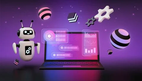 AI robot. 3D tech digital data. Chatbot support agent as artificial intelligence Illustrazione stock