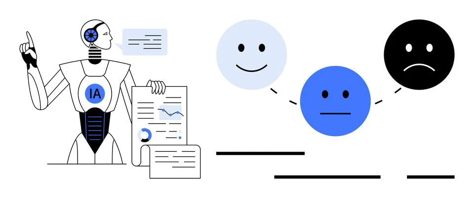 AI robot analyzes data and charts, pointing to happy, neutral, and sad faces  스톡 일러스트