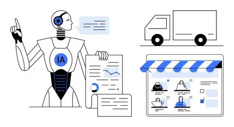 AI robot analyzing charts and documents, pointing at data insights, delivery  Stock Illustration