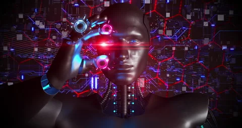 AI Robot Analyzing Computer Processor. Electrical Waves Around. Stock Footage 260791117