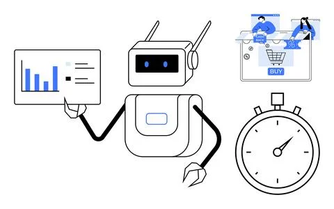 AI Robot Analyzing Data and Monitoring E-Commerce with Stopwatch for Efficien Stock Illustration