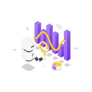 AI Robot Analyzing Data And Financial Charts Isometric Vector Illustration Stock Illustration