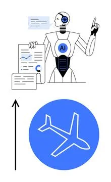 AI Robot Analyzing Data with Aviation Insights Indicating Progress and Inno.. Ilustración de archivo