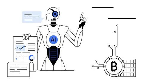 AI Robot Analyzing Data with Bitcoin and Blockchain Technology Representation Stock Illustration