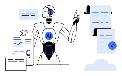 AI Robot Analyzing Data with Charts and Documents Illustrazione stock