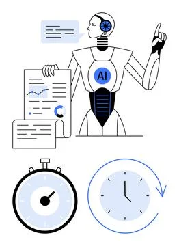 AI Robot Analyzing Data with Charts and Clocks Representing Efficiency and .. Illustrazione stock