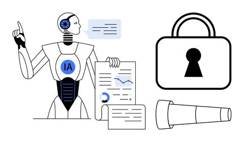 AI robot analyzing data with charts, graphs, large security lock, and a teles Illustrazione stock
